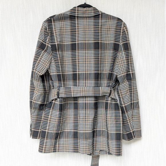 Theory Becket Brown Wool Blend Belted Plaid Checked Blazer, size 8 - Picture 3 of 11